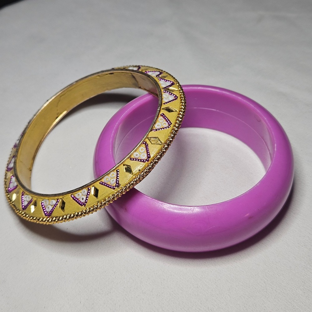 Bangle Bracelet Set Women OS Purple Gold Boho Beaded Resin 2pc vintage